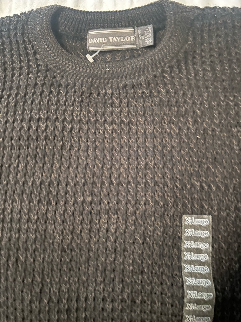 David Taylor Men's Dark Brown Textured Crewneck Sweater has tag on